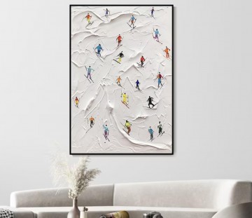 Sport Painting - Skier on Snowy Mountain Wall Art Sport White Snow Skiing Room Decor by Knife 23